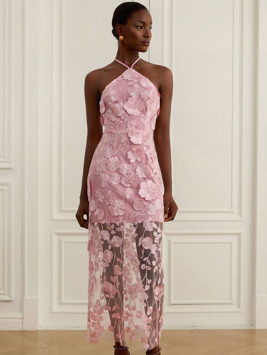 Aveloria Rosie Neues elegantes Kleid mit floraler Verzierung und rückenfreiem Design, hochwertige, raffinierte Stoffe, exquisite Details, figurbetonter Schnitt, ideal für Hochzeiten, Dates, Damen - Pink - Übersicht 1
