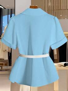 Franclia 法式优雅通勤风纯色领口金属装饰纽扣短袖腰带装饰女式衬衫，适合大学穿着