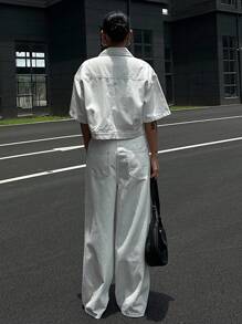 DAZY 2pcs Set Women's Cargo Denim Outfit, Short Sleeve Jacket & Wide Leg Pants, Stylish - White - View 2