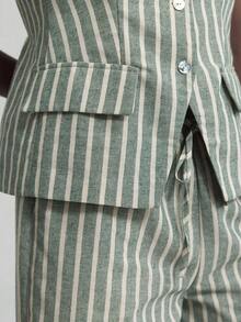 Ontre Conjunto de 2 piezas de pantalones a rayas de lino y camiseta para mujer, atuendo casual de negocios, adecuado para salidas, playa, vacaciones, festivales de música, estilo bohemio, otoño