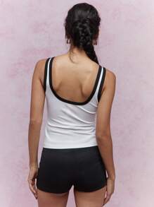 MISSGUIDED PLUS Plus Size Ribbed Athletic Tank Top With Logo Square Neck Workout Sleeveless Vest Soft Stretch Gym Fitness Activewear Basic Essential - White - View 2