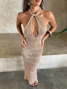 Aloruh 女士春夏度假露背钩针紧身长款性感金色连衣裙 - 金色 - 查看 5
