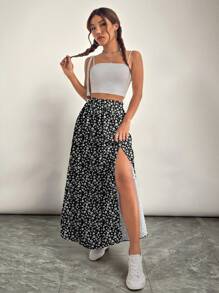 SHEIN VCAY Jupe casual à taille élastique avec fente à l'ourlet, motif floral noir et blanc, adapté pour le printemps et l'automne, pour grandes tailles