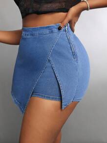 SHEIN SXY Plus Size Asymmetric Denim Shorts, Summer Casual