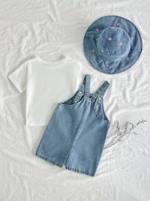 SHEIN Vintaside Kids 2 st/set babyflickors jumpsuit i denimtyg med broderad blomdekor, pastoral stil, moderiktig och bekväm, mångsidig vår-/sommaroutfit med accessoarer - Blå - Visa 2