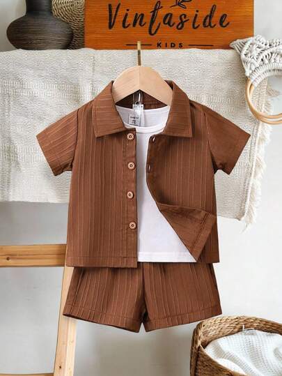 SHEIN Vintaside Kids 2 件套男婴休闲套装，短袖翻领衬衫和松紧腰短裤，夏季，3 个月至 3 岁
