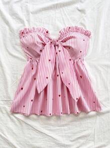 Soleia Women's Vacation Pink & White Striped Heart Print Ruffled Collar Twist Front Cropped Top, Suitable For Party, Date, Afternoon Tea, Summer,Tube Top - Multicolor - View 3
