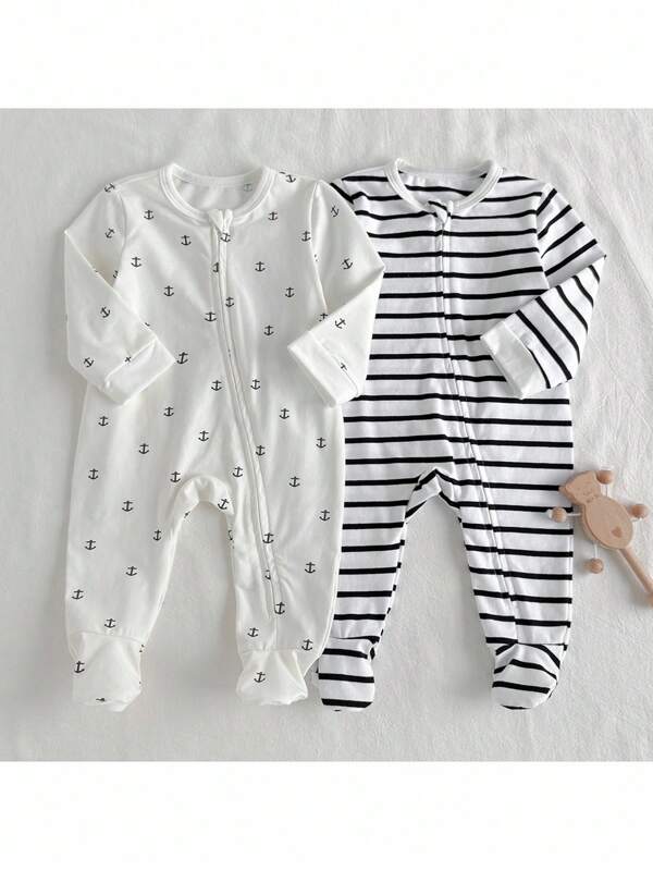 Loomiva Newborn Baby Striped & Anchor Printed Zipper Front Long Sleeve Jumpsuit Pajamas Newborn Baby Pajamas Newborn Zipper Romper Unisex Newborn Clothes Baby Casual Romper Newborn Cotton Clothes