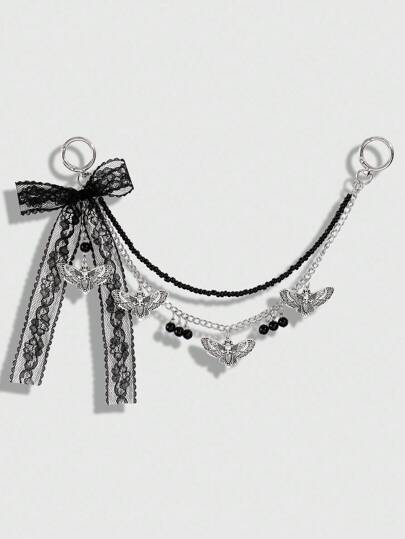 Kawaii 1pc Y2K Style Handmade Beaded Gothic Dark Fashion Hollow Chain Pendant With Resin Bead, Lace Bow, Butterfly & Moth Wings, Suitable For Women Ladies Daily Wear And Holiday Gift, Halloween