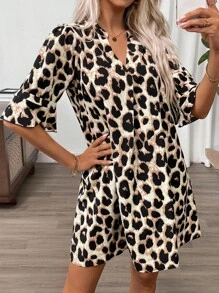 SHEIN Clasi Women's Leopard Print Cutout Neck Casual Short Sleeve Mini Dress - Multicolor - View 4
