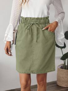 EMERY ROSE Women's Casual Solid Color Drawstring Waist Paper Bag Pocket Straight Denim Skirt, Summer