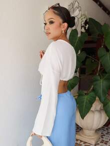 Melissa Matos Linen Feel Tie Front Wide Sleeve Beach Top Summer Vacation Boho Vacation Spring Sexy Elegant Ibiza Holiday - White - View 5