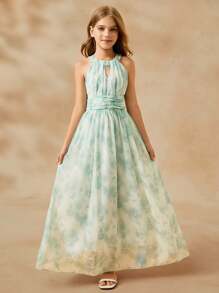 优雅奢华浅绿色少女长裙，适合派对、宴会、晚会、节日、婚礼、花童、独奏会和生日礼物 - 綠色 - 查看 3