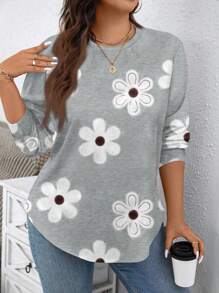 EMERY ROSE Casual Minimalist Floral Print Plus Size Loose Fit Crew Neck Sweatshirt ,Flower/Spring/Summer/Vacation - Multicolor - View 1