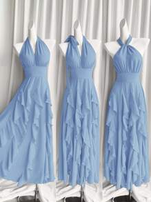 Rafferiza 女式红色波西米亚风浪漫优雅婚礼宾客毕业生日礼服晚装海滩太阳裙西方服装演唱会服装假日旅行 V 领 2025 春夏新款宽松休闲吊带随机免费肩带原创设计多层荷叶边蝴蝶结长款连衣裙 - 藍色 - 查看 4