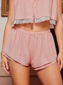 WESTFADE Summer Western Cowgirl Chiffon & Floral Lace Mid Rise Elasticized Waist Tiered Flowy Lounge Shorts - Baby Pink - View 4