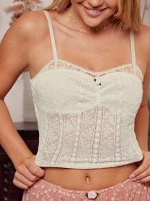 WESTFADE Western Mix Media Layered Lace & Textured Knit Spaghetti Strap Cute Rosette Front Twofer Fitted Cropped Cami Tank Top - Beige - View 6