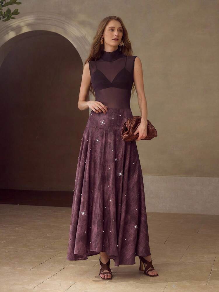 TIE DYE RHINESTONE DETAIL FLARE HEM SKIRT