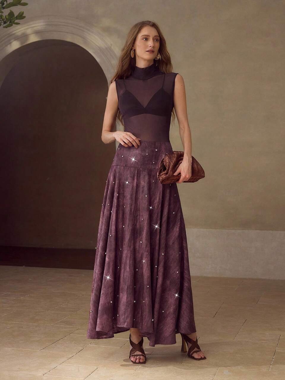 TIE DYE RHINESTONE DETAIL FLARE HEM SKIRT