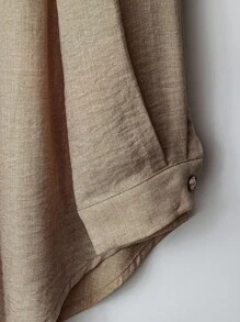 Joress Set di 2 pezzi per donne taglia comoda: camicia casual con collo tondo, patch in pizzo e abbottonatura completa in misto lino + pantaloni larghi in vita elastica