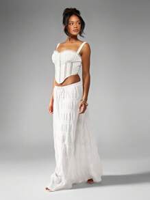 MISSGUIDED Váy Maxi Họa Tiết Nhăn Bohemian Lễ Hội Dây Rút Đồ Đi Biển Đồ Mặc Nghỉ Mát Đầm Xòe Co Giãn Eo Mùa Hè Xuân Dài Đến Mắt Cá Chân Đồ Mặc Đi Nghỉ - trắng - Xem 3