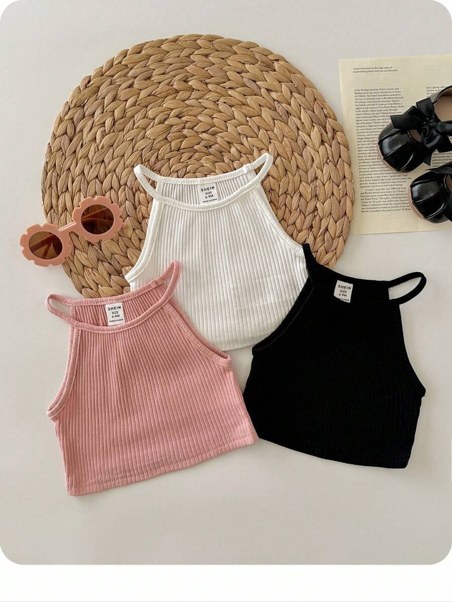 3pcs/Set Baby Girl Solid Color Ribbed Halter Vest - Baby Pink - View 1
