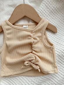 Baby Ruched Bow Front Tank Top & Flare Leg Trousers - Beige - View 3