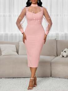 SHEIN Lady Robe mi-longue élégante pour femmes, en maille et à manches bouffantes, col montant, en tissu tricoté, ajustée, avec perles, pour invitée de mariage, tenue de bureau décontractée, anniversaire, pour toutes les saisons - Rose bonbon - Voir 3