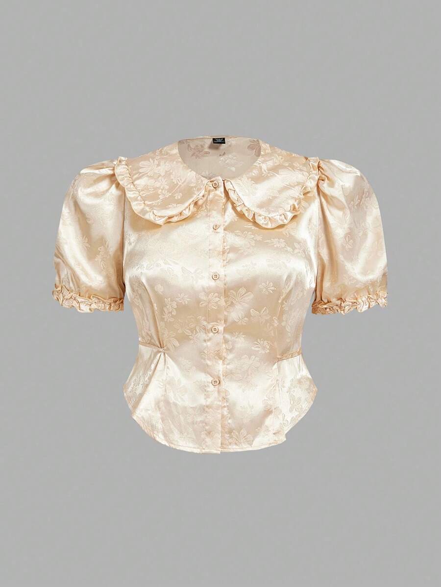 SHEIN MOD 大码女式杏色收腰镂空府绸衬衫