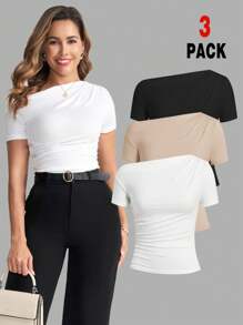 Ellevyn Women's Elegant Solid Color Asymmetric Ruched Slim Fit T-Shirt, Summer