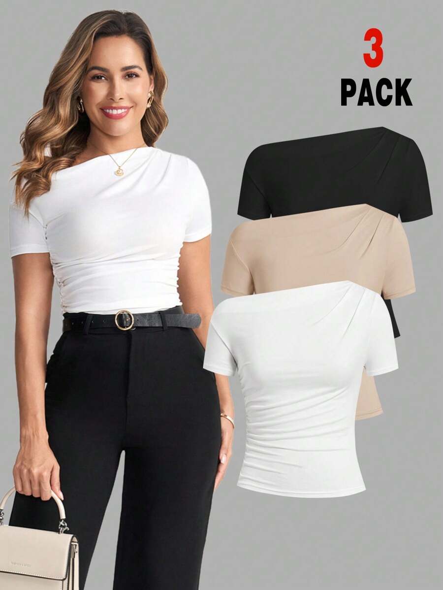 Ellevyn Women's Elegant Solid Color Asymmetric Ruched Slim Fit T-Shirt, Summer