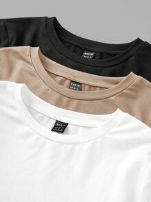SHEIN EZwear 3件組女款黑色、白色與卡其色純色圓領修身長袖T恤套裝，適合秋冬穿著 - 彩色 - 查看 5