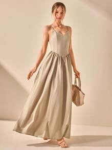 CLARA VERO Vestido maxi con escote en V, espalda descubierta y tirantes de algodón, vestido maxi elegante y a la moda para bodas de verano