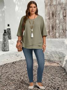 EMERY ROSE Plus Size Asymmetric Hem Green Country Shirts Fall Clothes,Teacher Shirts - Olive Green - View 4