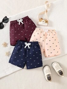 SHEIN 3 件装男婴休闲抽绳腰多色印花短裤，适合夏季户外、学校、日常、休闲、度假和派对