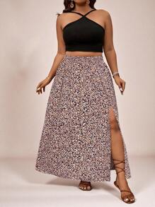 SHEIN VCAY Plus Size Summer Fashion All-Over Print Slit A-Line Skirt