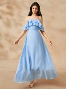 SHEIN Elegant Wedding Flower Girl Dress, Chiffon Ball Gown Dress For Teens, Middle-Large Children, Girls Formal Party Dress, Navy Blue - Blue - View 7