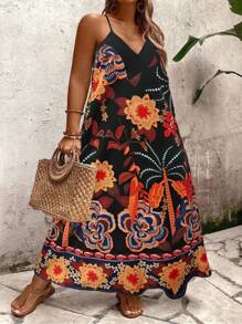SHEIN Holidaya Plus Size Women Floral Print Loose Long Strap Casual/Work/Vacation Dress, For Summer - Black - View 6