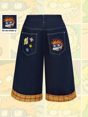 Nick 90's X ROMWE Y2K Style Patchwork Plaid Embroidered Pocket Loose Fit Mid-Length Denim Shorts