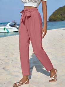 EURMUSE Solid Belted Cropped Trousers - Dusty Pink - View 5
