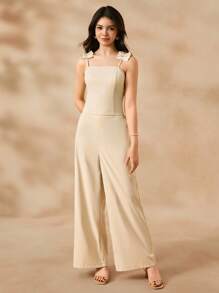 SHEIN Conjunto elegante y minimalista de top tipo camiseta ajustada y pantalones anchos de pierna ancha de talle alto en color caqui para adultos jóvenes - Caqui - Ver 1