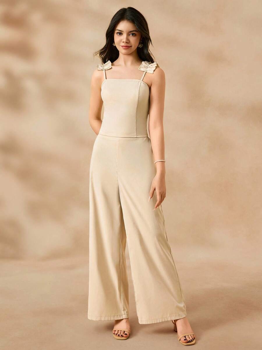 SHEIN Conjunto elegante y minimalista de top tipo camiseta ajustada y pantalones anchos de pierna ancha de talle alto en color caqui para adultos jóvenes - Caqui - Ver 1
