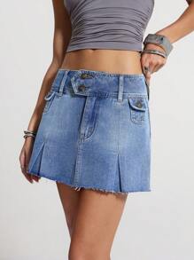 SHEIN ICON Women's Frayed Waist Pleated Casual High Street Denim Mini Skirt - Medium Wash - View 3