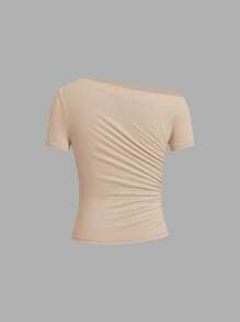 Ellevyn Women's Elegant Solid Color Asymmetric Ruched Slim Fit T-Shirt, Summer