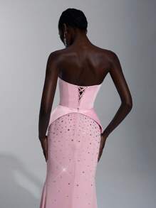 Elitara Elegant Luxurious Pink Satin Handmade Rhinestone Embellished Strapless Mermaid Hem Dress,Suitable For Dates,Parties,Galas,Formal Events&Balls - Baby Pink - View 4