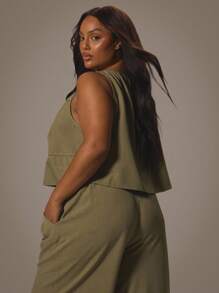 MUSERA Plus Ruched Tie Front Loose Fit Linen Look Top Holiday Swim Sexy Romantic Elegant Vanilla Spring Summer - Army Green - View 4