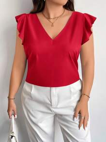 Firerie Plus Size Elegant V-Neck Ruffle Trim Sleeved Red Formal Casual Summer Blouse,Suitable For Teachers In Summer - Red - View 3
