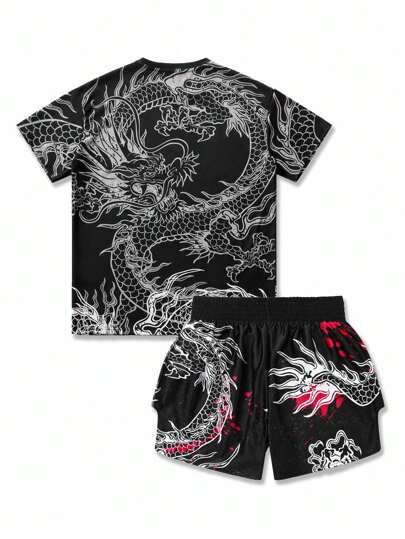 Street Life Men's T-Shirt & Shorts Set, Dragon Print Sportswear Set, Streetwear Style