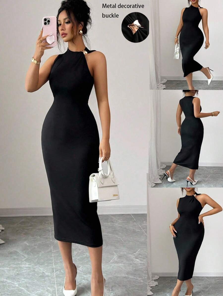 Elenzga 女士纯色连衣裙，金属扣设计不对称领口，时尚紧身连衣裙 - 黑色 - 查看 1