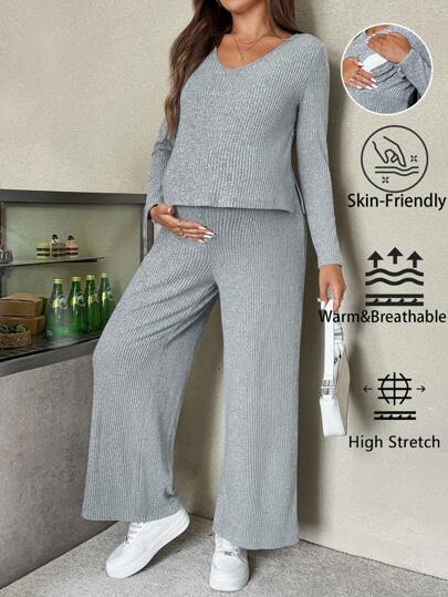 SHEIN Fall Clothes,Autumn Clothes,Maternity Autumn/Winter Clothes Maternity Maternity Fall,Autumn,Solid V-Neck Long Sleeve Casual T-Shirt With Nursing Jumpsuit Maternity,Nursing Jumpsuit Casual For Women Lounge For Women Women Comfy Maternity Jumpsuit